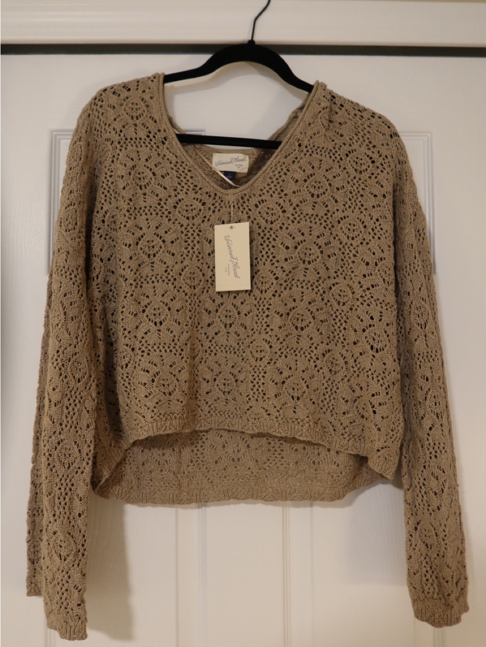 Universal Thread Crochet Openwork Crewneck Sweater - Beige